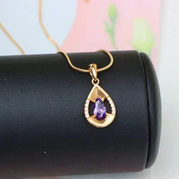 "Teardrop Purple Pendant with Dazzling Accents in Gold Finish, XPPT1690 - Picture 4 of 13